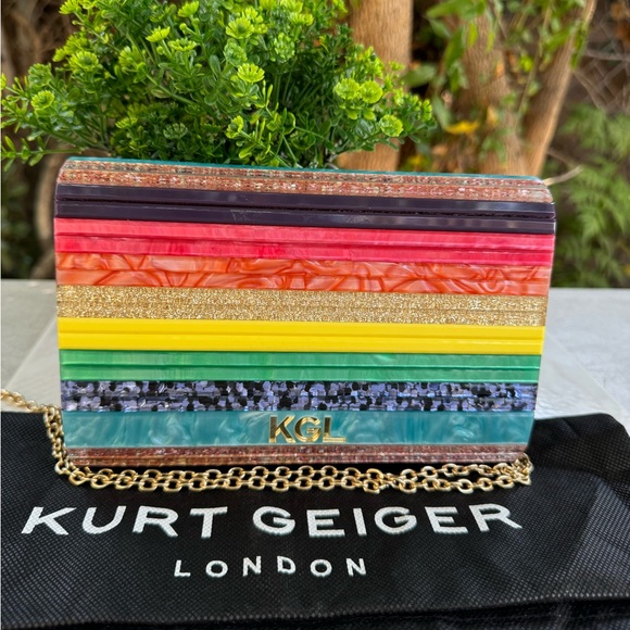KURT GEIGER LONDON PARTY CLUTCH BAG new with dust bag rainbow paneled pe… - Picture 5 of 11